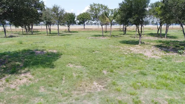 a view of grassy field with benches