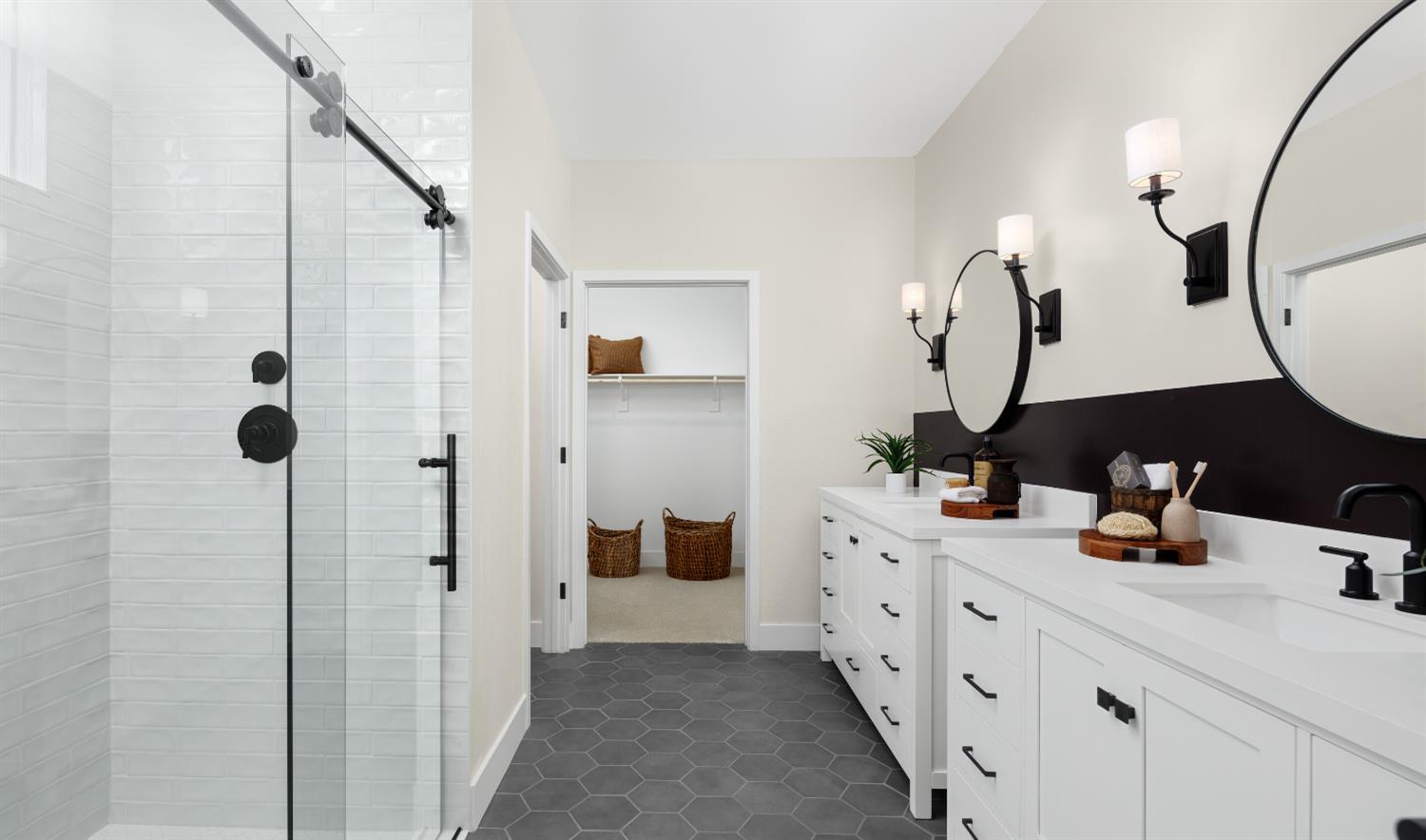 4452 Doric Way Rancho Cordova, CA 95742 - Photo 14 of 15 a bathroom with a double vanity sink mirror and shower