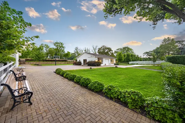 a view of a park with large trees