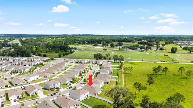 a view of a park with large trees