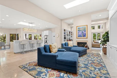 a living room with fireplace furniture and a rug