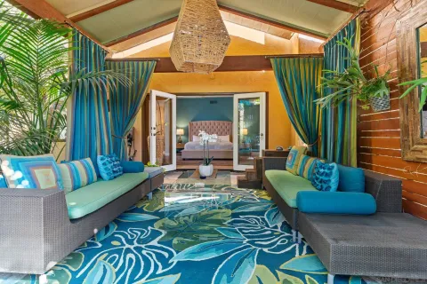 a view of a swimming pool with a patio