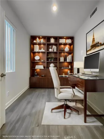 a workspace with furniture and window