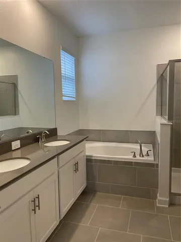 a bathroom with a tub sink and mirror