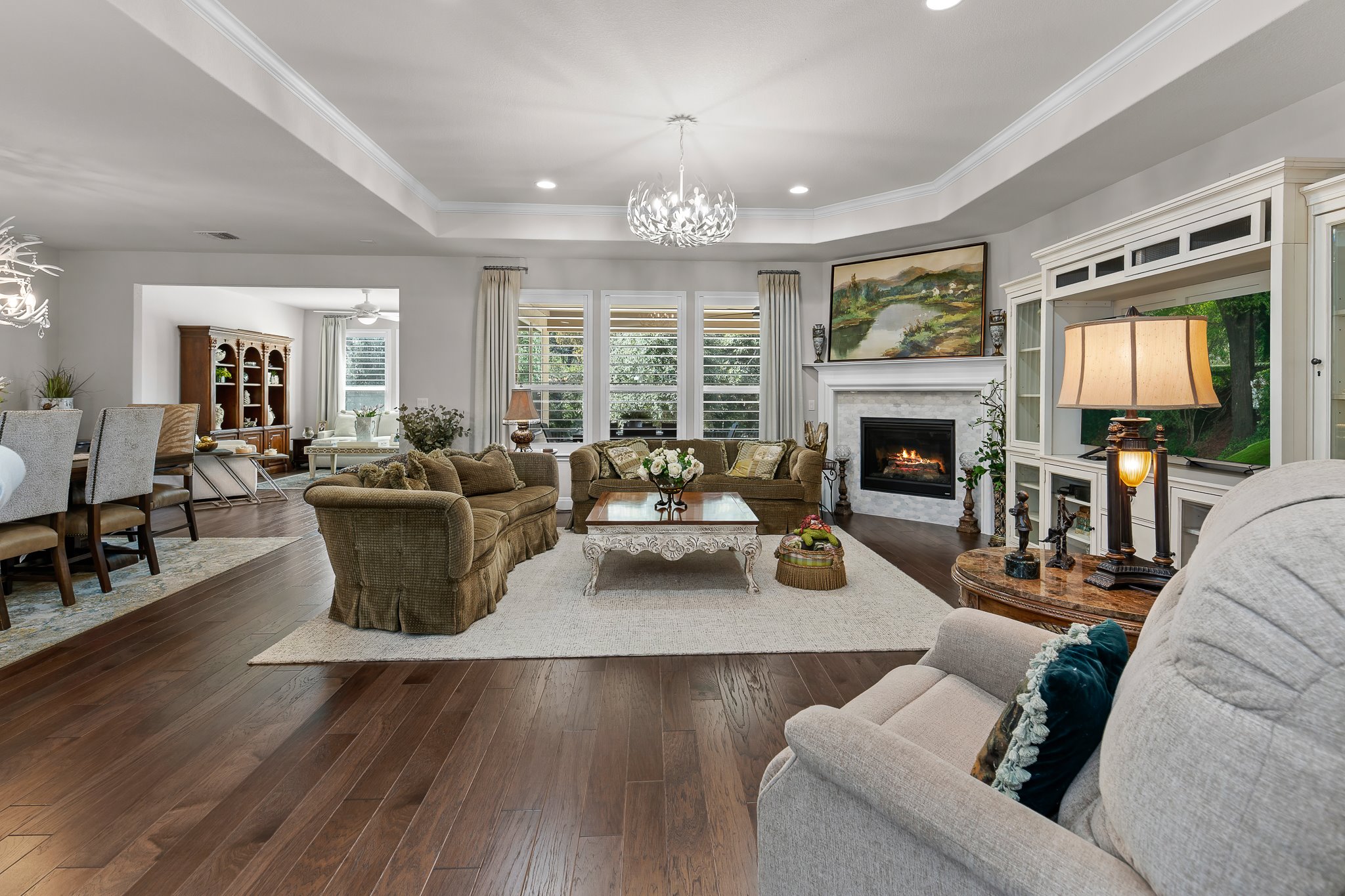 104 Marfa Cove Georgetown, TX 78633 - Photo 2 of 40 The light-filled living room has wooden floors and tray ceiling, and a fireplace for a cozy atmosphere