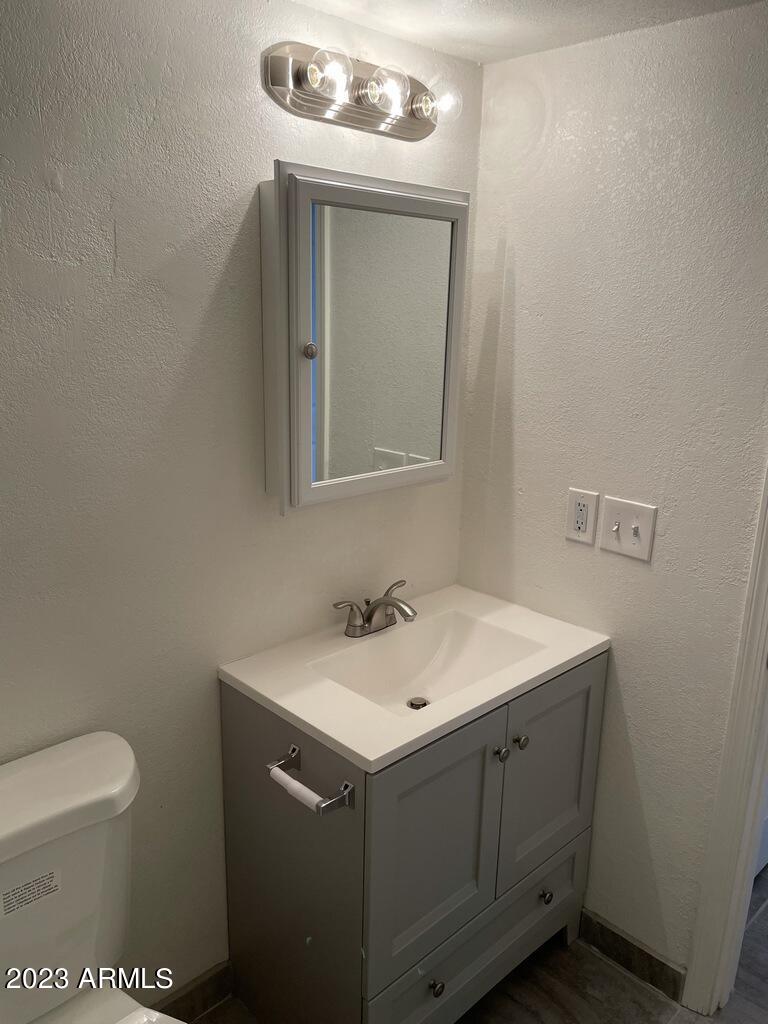 1222 East Mountain View Road, Unit 208 Phoenix, AZ 85020 - Photo 12 of 24 a bathroom with a sink a toilet and a mirror