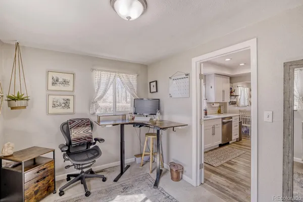 a room with furniture a rug and gym equipment