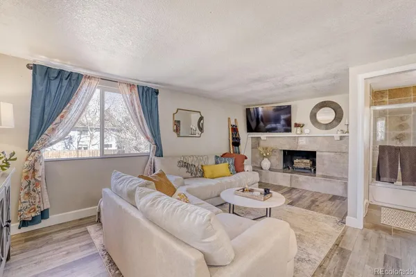 a living room with furniture and a fireplace