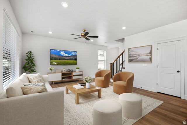 1661 West Ross Road Syracuse, UT 84075 - Photo 7 of 28 Living room featuring wood finished floors, a ceiling fan, and recessed lighting