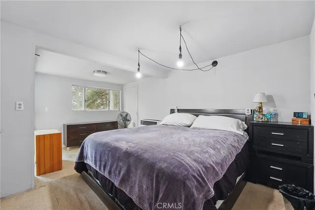 a bedroom with a bed and a closet