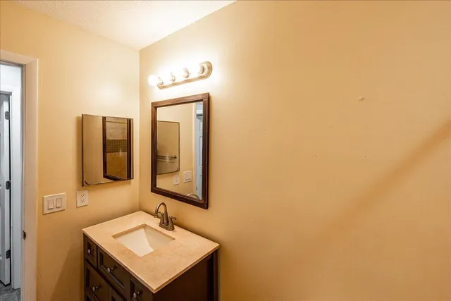 a bathroom with a sink and a mirror