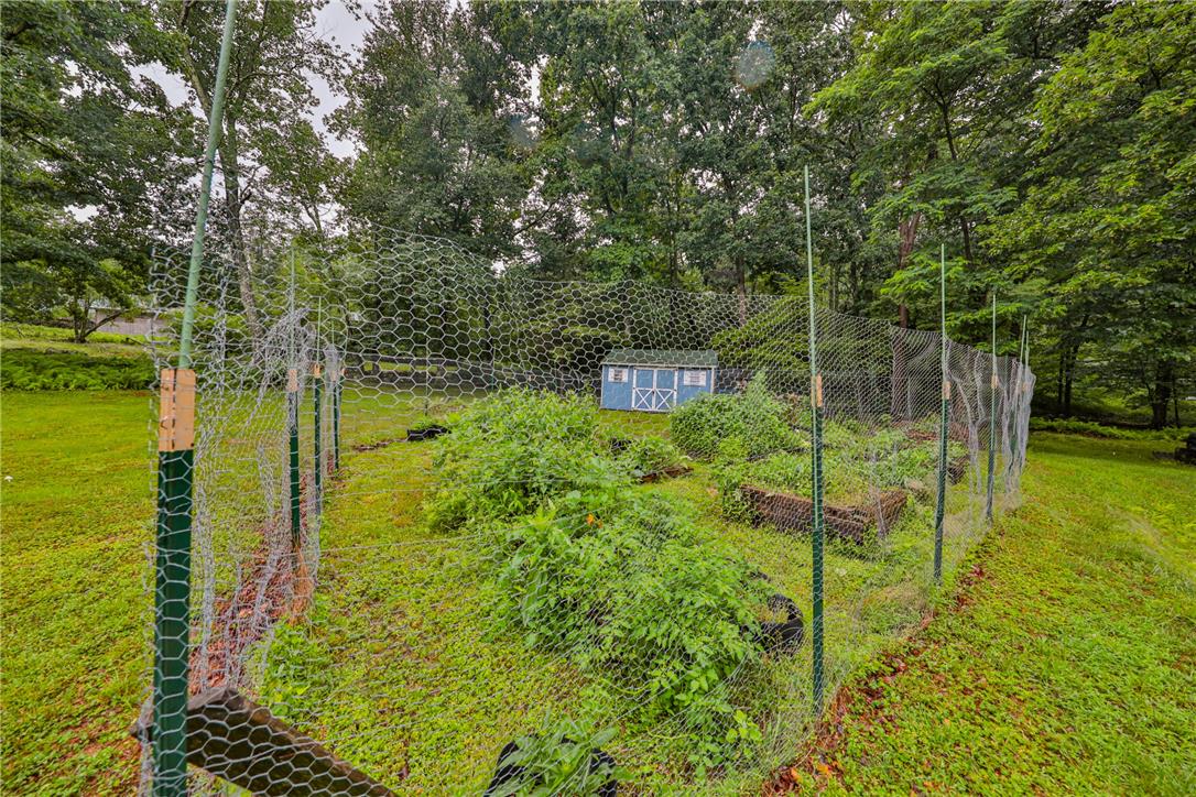 5599 Minks Pond Road Bushkill, PA 18324 - Photo 59 of 64 Cultivate your own harvest in this fenced garden, complete with a charming shed amidst lush greenery.