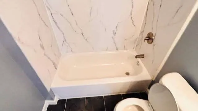 a bathroom with a bathtub