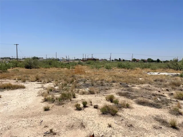 a view of a dry yard with wooden fence