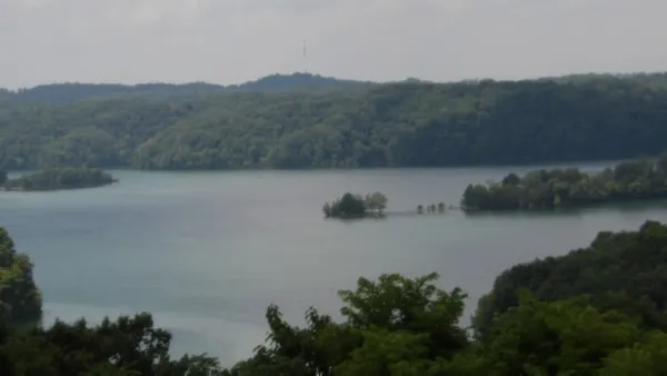 a view of a lake in middle of forest