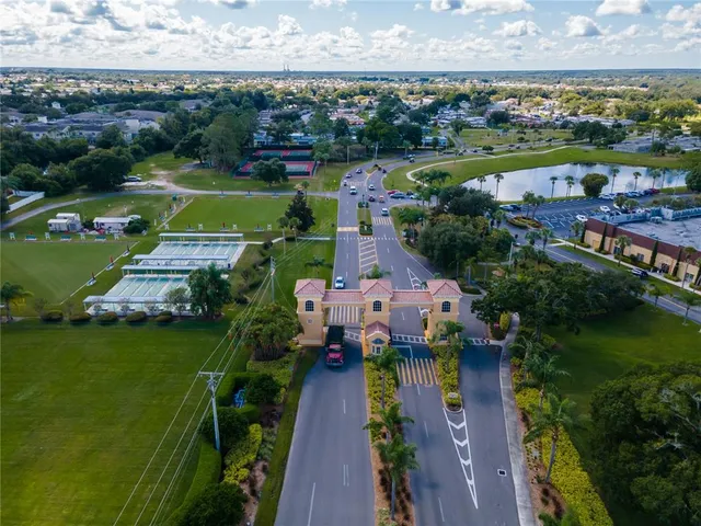 an aerial view of a house with a garden