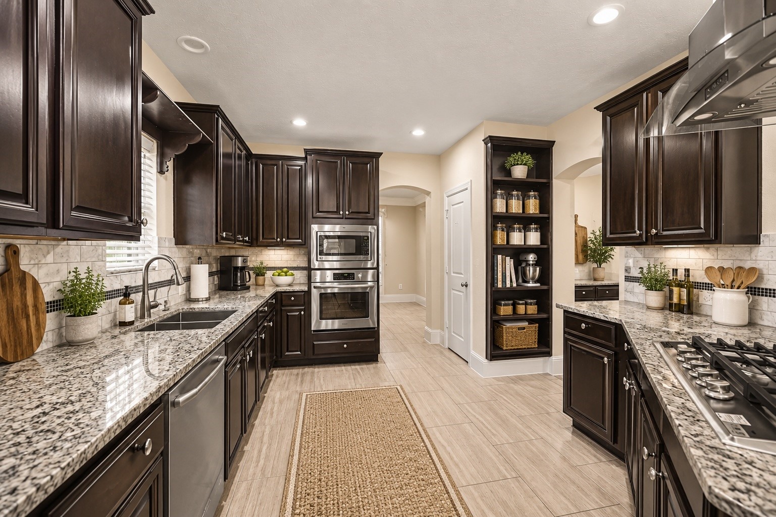31325 Riley Woods Court Spring, TX 77386 - Photo 19 of 50 A closer look at the kitchen highlights generous prep space, gas cooking, built in oven and microwave and extensive cabinetry. Virtually staged with AI generated decor and accessories.