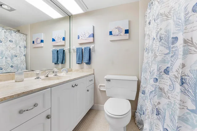 a bathroom with a granite countertop toilet sink and mirror