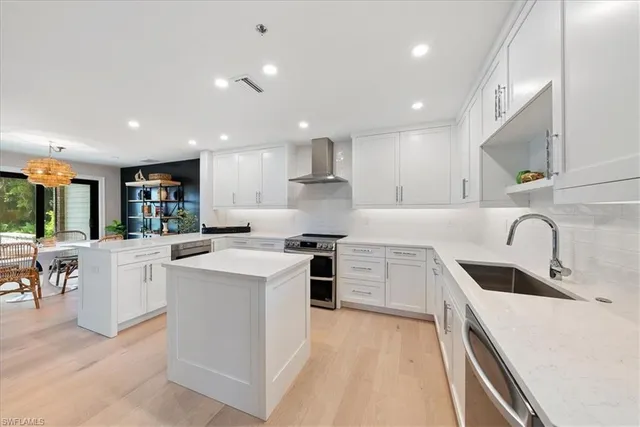 a kitchen with white cabinets appliances and sink