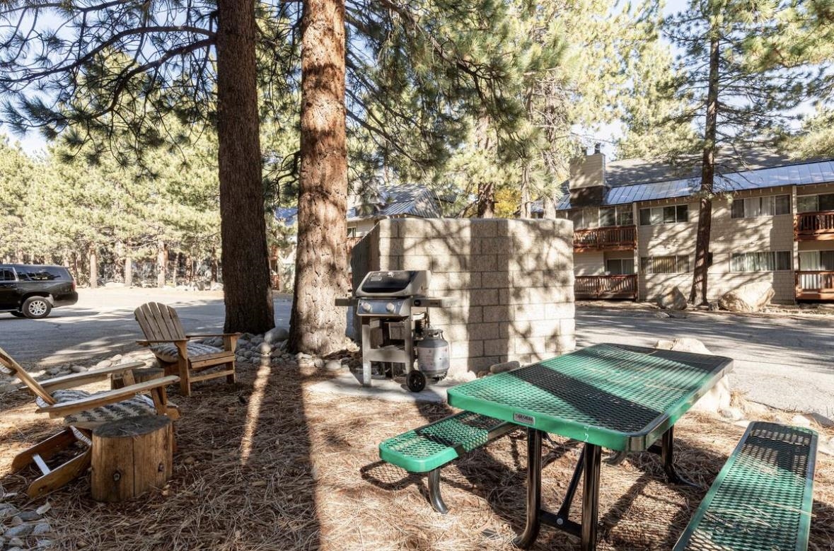 2252 Meridian Boulevard, Unit 39 Mammoth Lakes, CA 93546 - Photo 24 of 32 a backyard of a house with barbeque oven table and chairs