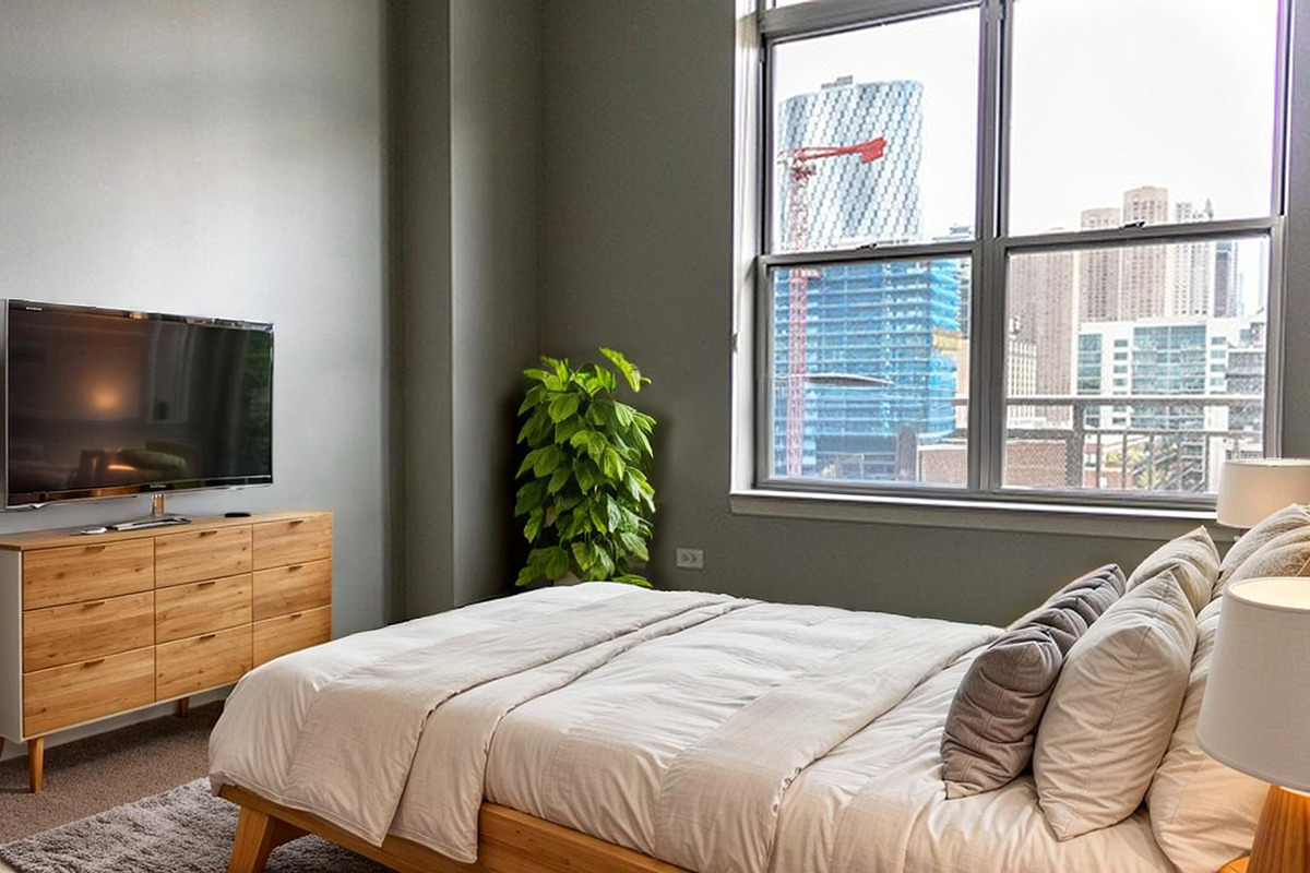 111 South Morgan Street, Unit 824 Chicago, IL 60607 - Photo 11 of 18 a bedroom with a bed and a flat screen tv