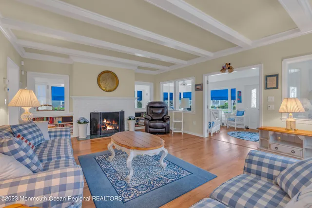 a living room with couch and a table