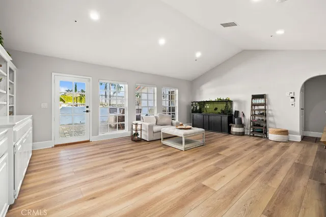 a view of a room with windows