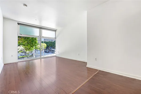 an empty room with wooden floor and a potted plant