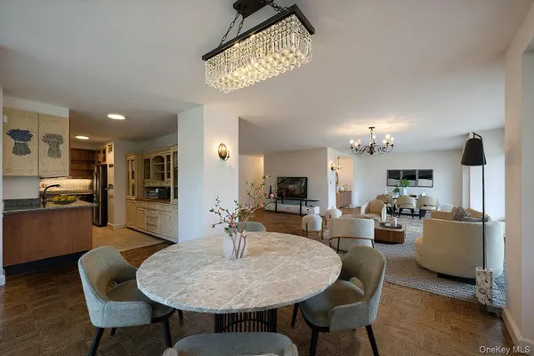 a view of a dining room with furniture