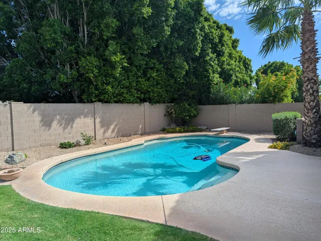 a view of a swimming pool with a yard and trees in the background