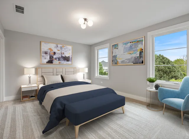 a view of a lake with a garden