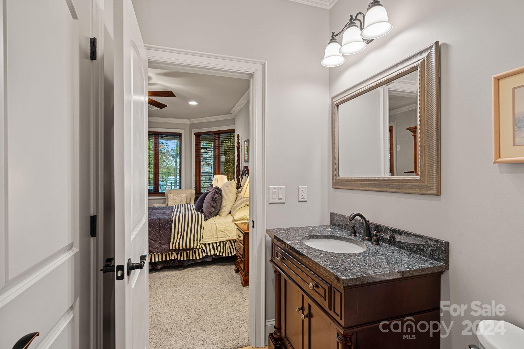 2017 Brawley School Road Mooresville, NC 28117 - Photo 29 of 43 a en suite bathroom with a granite countertop sink a mirror and shower