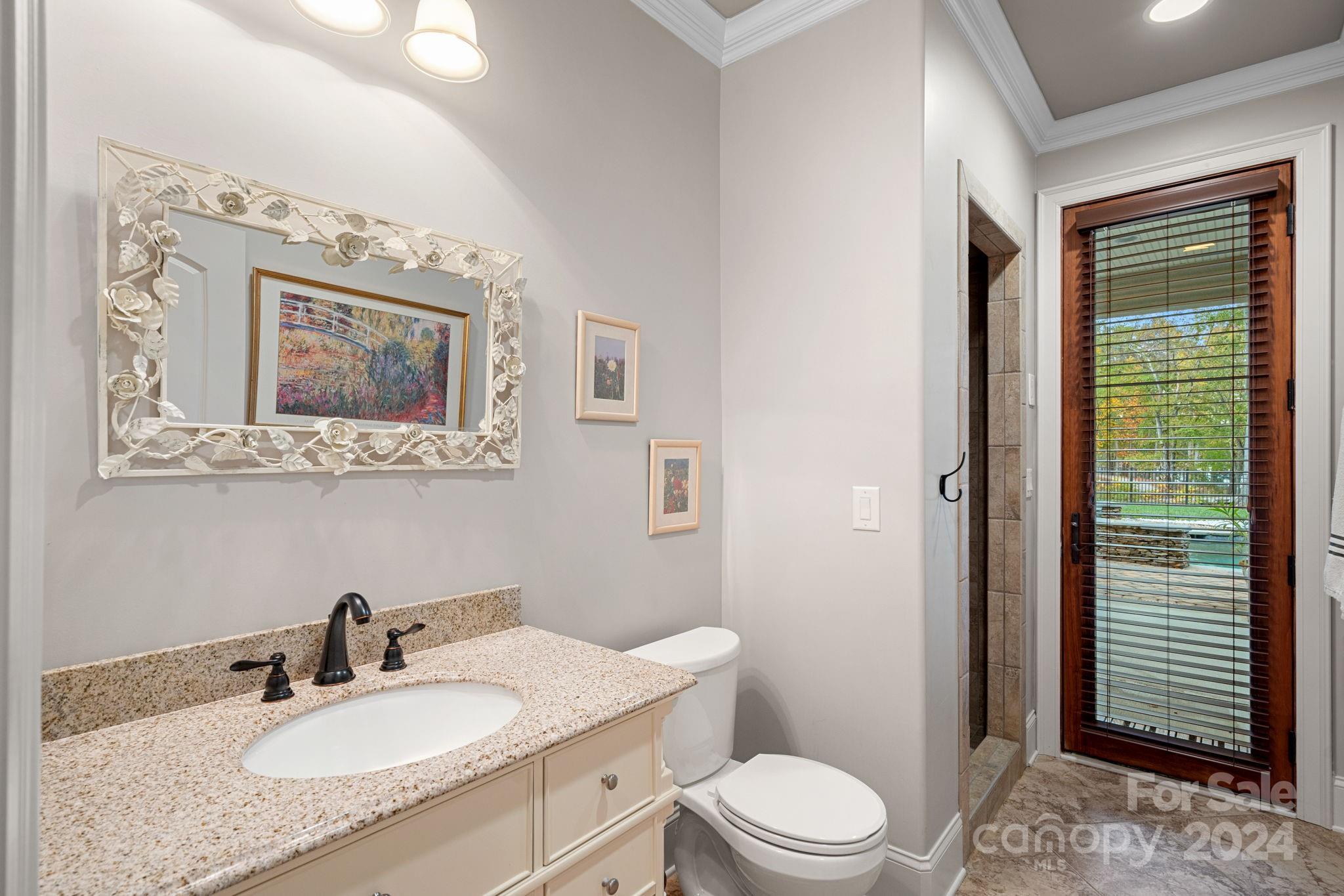 2017 Brawley School Road Mooresville, NC 28117 - Photo 31 of 43 a bathroom with a granite countertop toilet a sink and a mirror