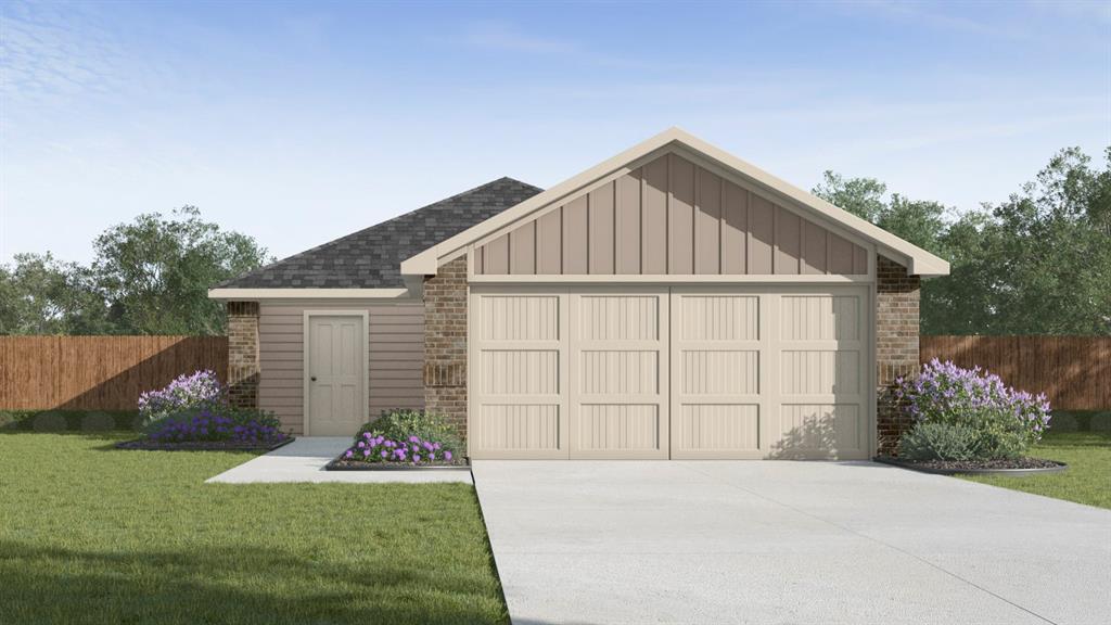Contemporary single-story residence featuring a brick facade with horizontal siding accents