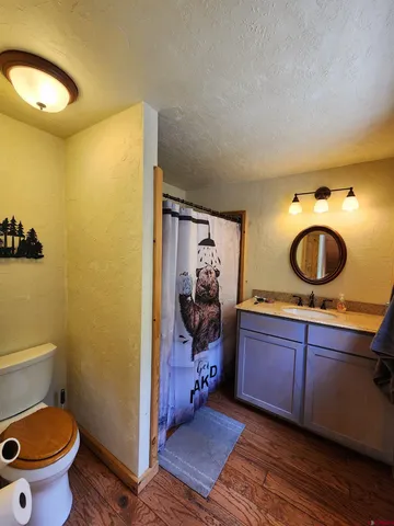 a bathroom with a granite countertop sink a toilet and a mirror