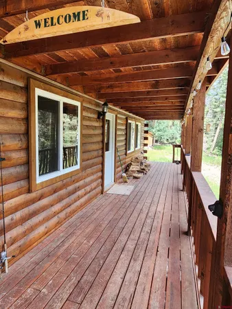 a porch with seating space
