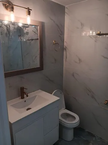 a bathroom with a toilet sink and mirror