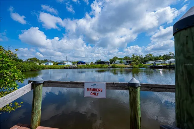 a view of a lake with a bench in a backyard