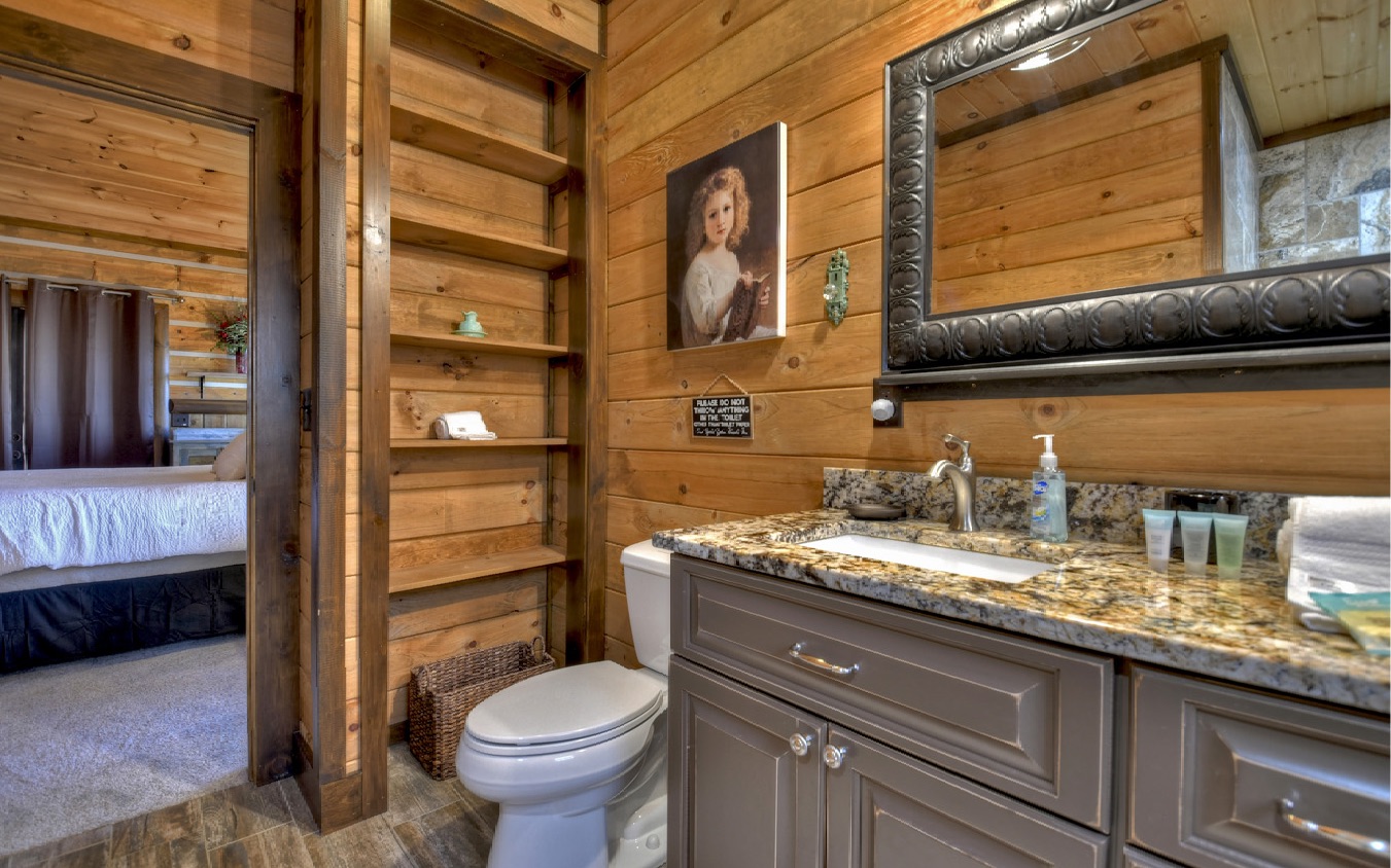 2124 Maxwell Road Blue Ridge, GA 30513 - Photo 25 of 66 a bathroom with a granite countertop toilet sink and mirror