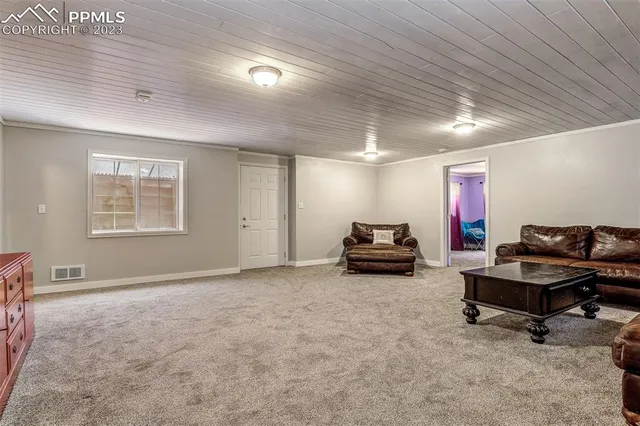 a living room with furniture a flat screen tv and a potted plant