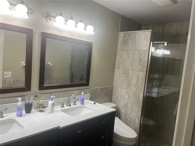 a bathroom with a sink a toilet a mirror and shower