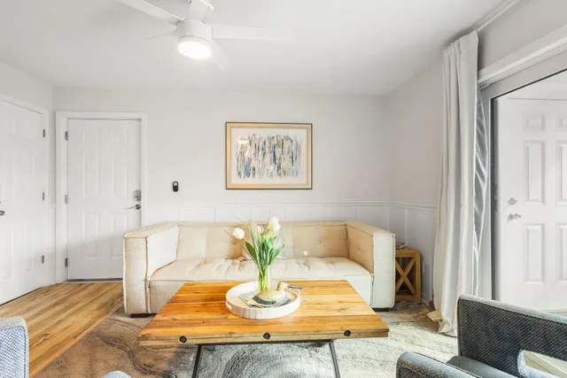 a view of a dining room with furniture