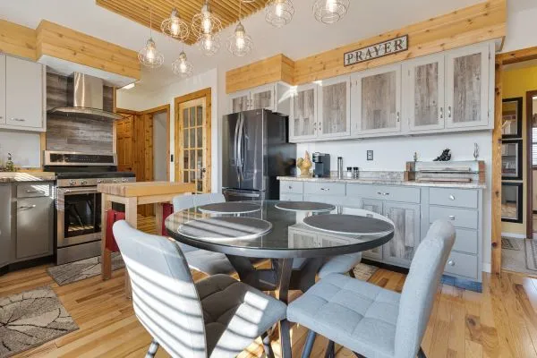 a view of a dining room with furniture