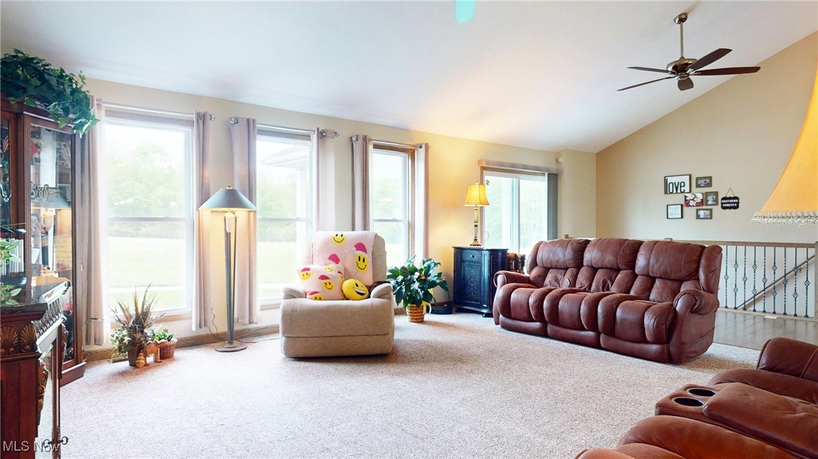 961 Industry Road Atwater, OH 44201 - Photo 10 of 50 Living area featuring carpet, ceiling fan, and high vaulted ceiling