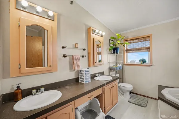 a bathroom with a granite countertop sink mirror and a toilet
