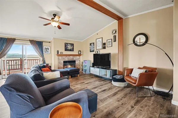 a living room with furniture a fireplace and a flat screen tv