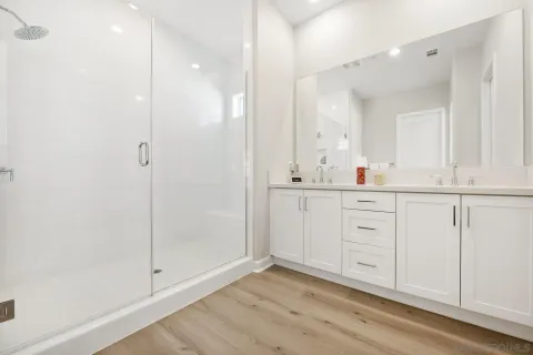 a bathroom with a sink a mirror and a shower