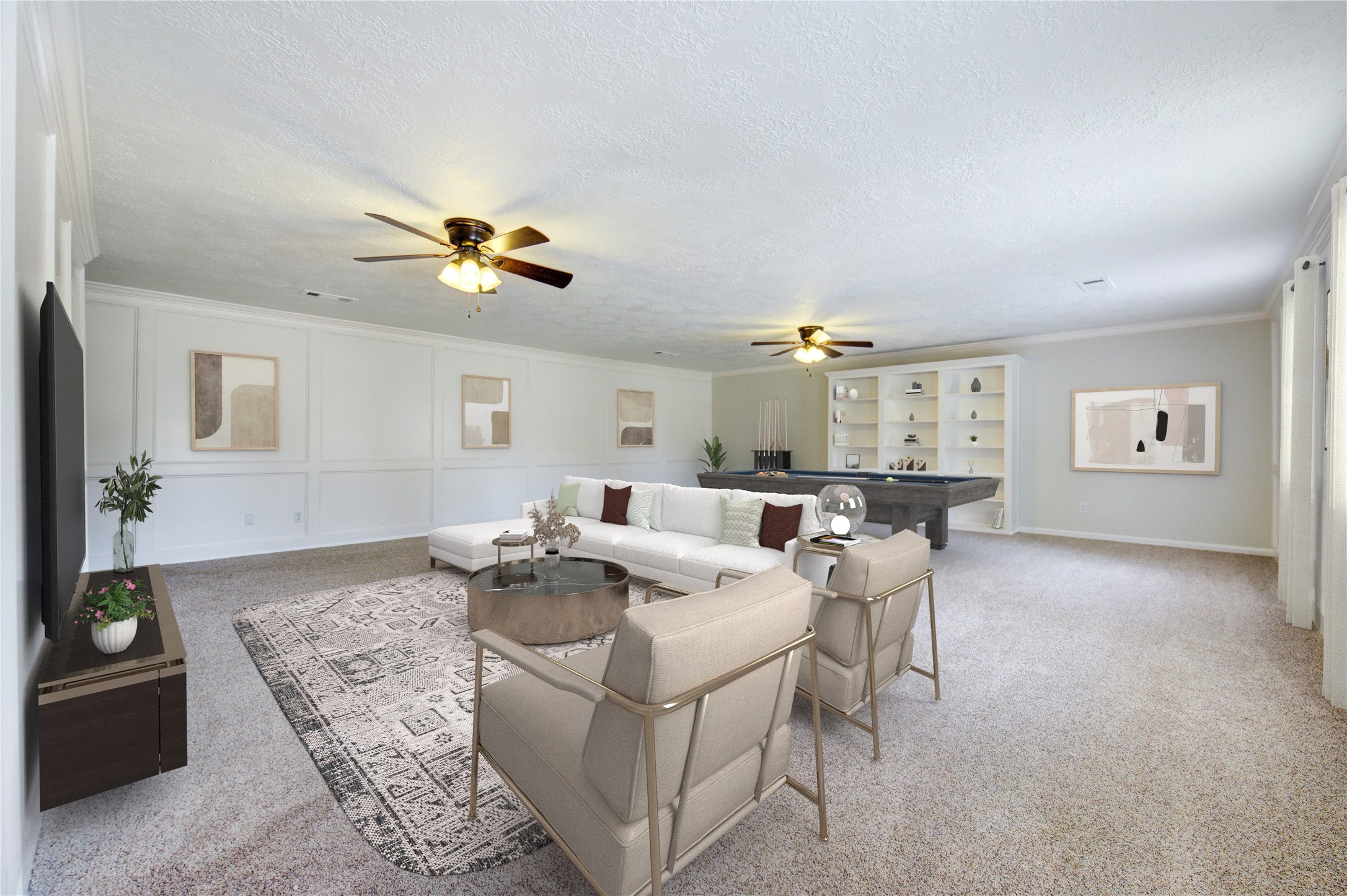 9115 Taidswood Drive Spring, TX 77379 - Photo 34 of 45 The game room is enormous and has built-in shelving, two lighted ceiling fans, window blinds, and a secondary staircase leading down to the 3-car garage. It is a great place to just "hang out"!