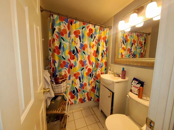 a white toilet sitting next to a shower curtain