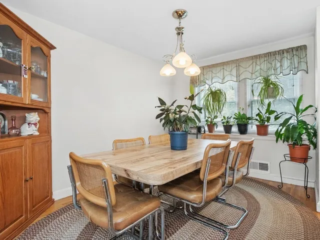 a dining room with furniture potted plants and wooden floor